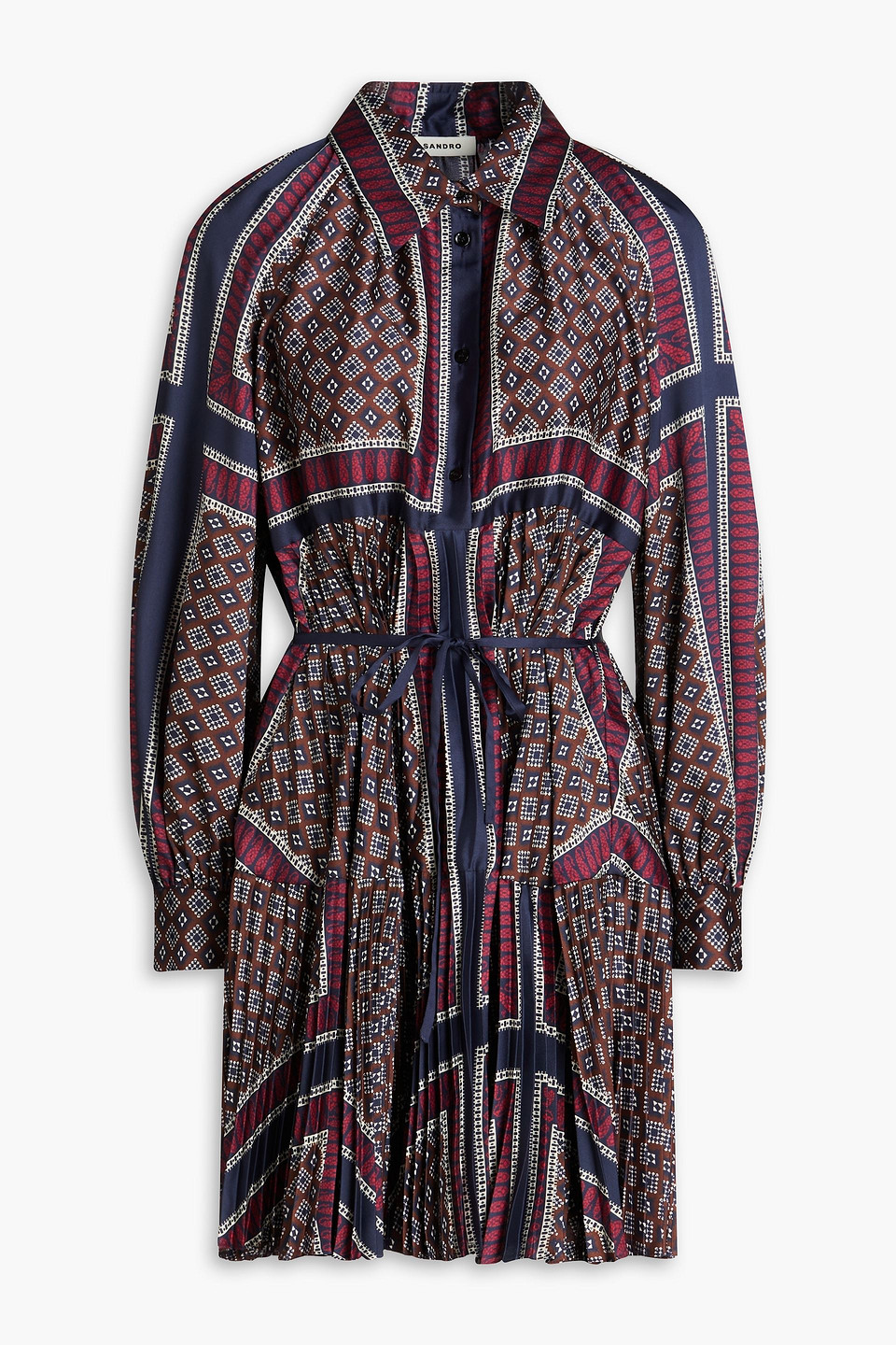 Sandro - Belted pleated twill mini shirt dress - Blue - FR 42
