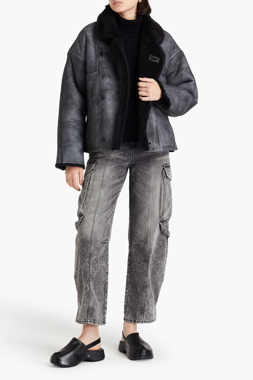  Sandro - Oversized Shearling Jacket - Gray - Fr 34 