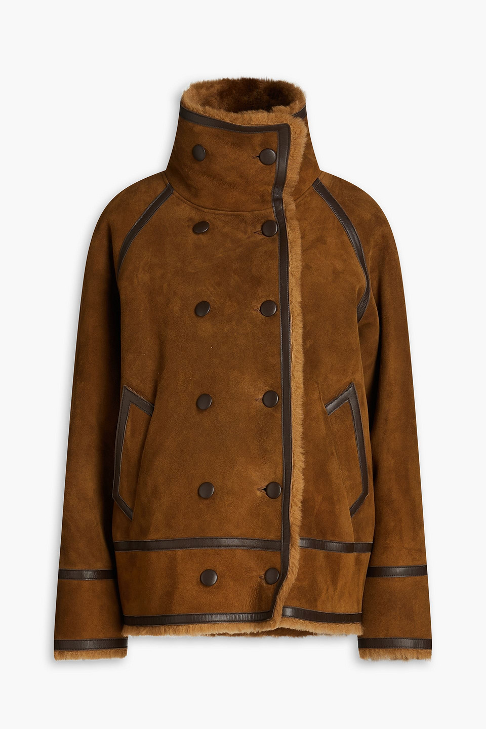 Sandro Double-breasted Shearling Jacket In Camel