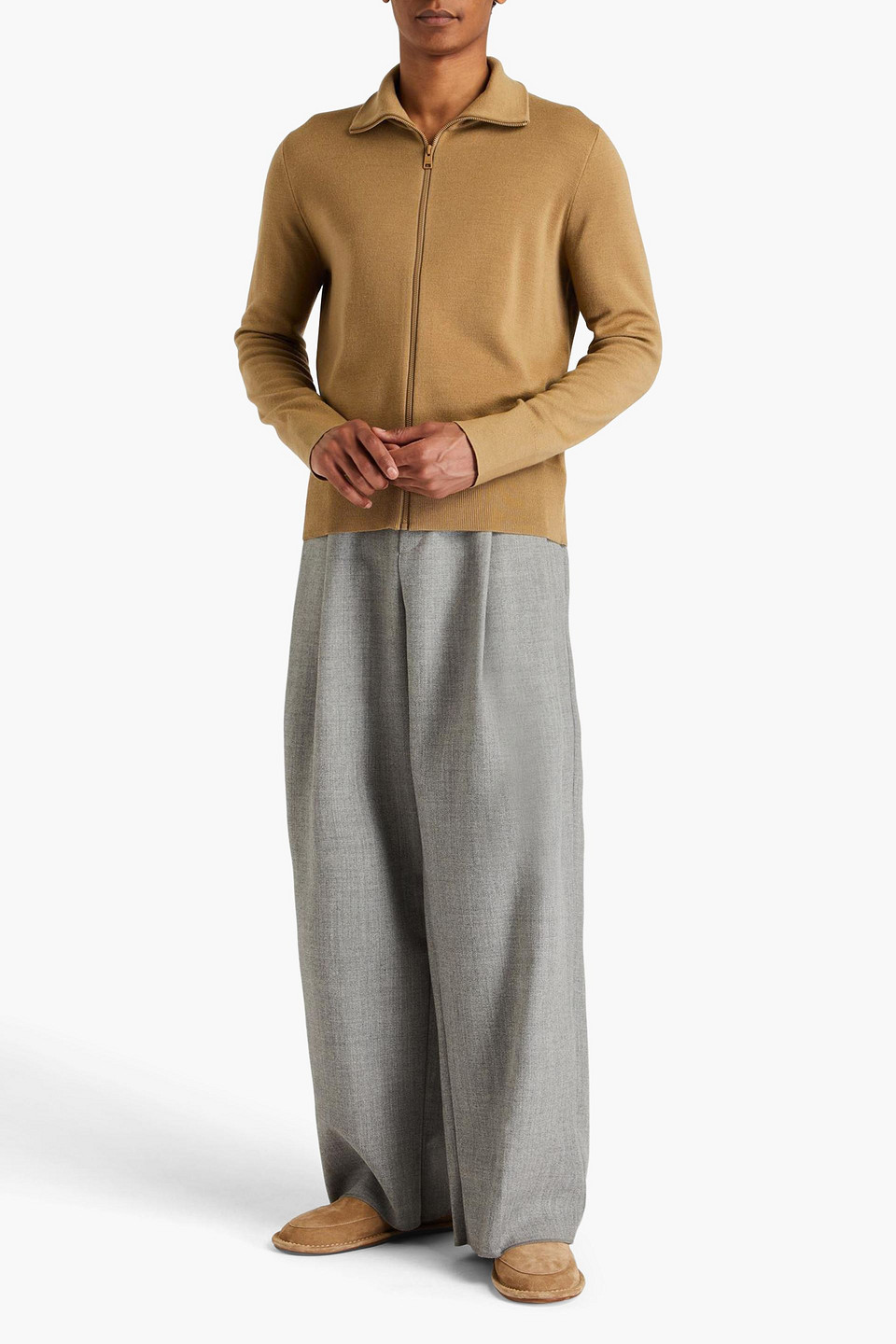 Sandro Wool-blend Zip-up Cardigan In Camel