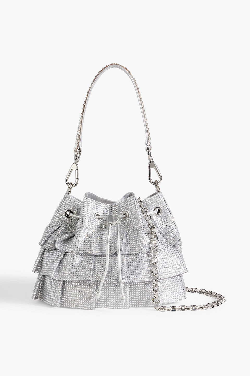 Crystal-embellished ruffled satin bucket bag