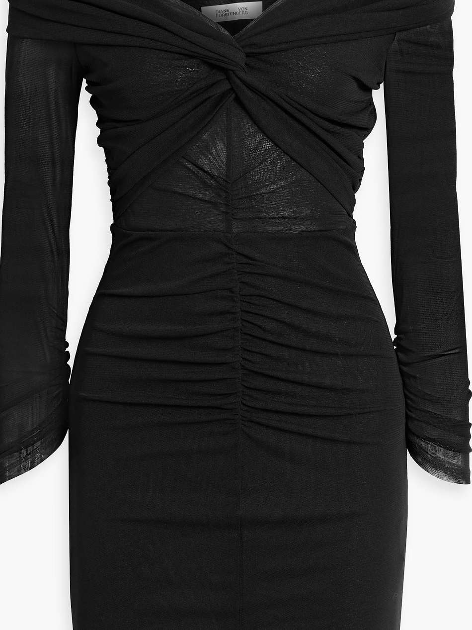 ganessa off-the-shoulder ruched stretch-mesh mini dress