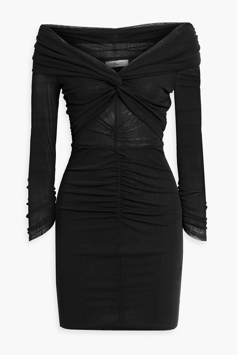 Diane Von Furstenberg Ganessa Off-the-shoulder Ruched Stretch-mesh Mini Dress In Black