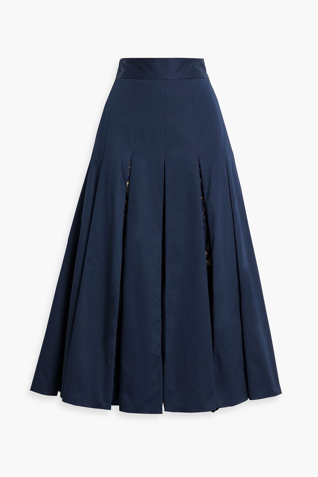Pleated guipure lace and cotton blend poplin midi skirt navy US 0