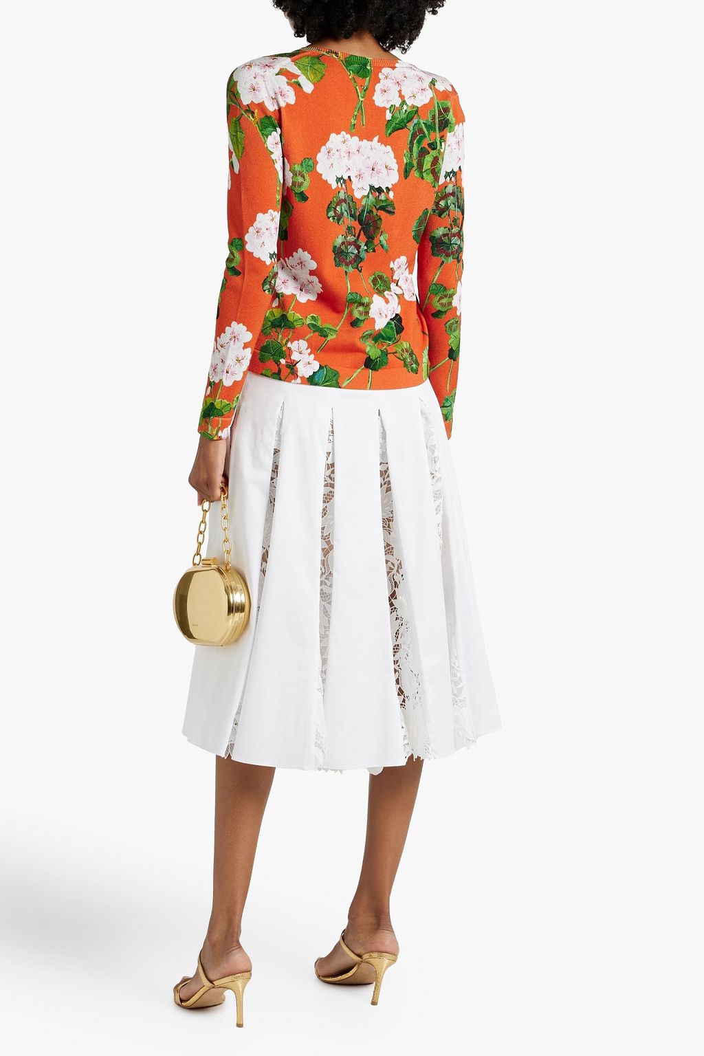 OSCAR DE LA RENTA Pleated guipure lace and cotton-blend poplin midi skirt