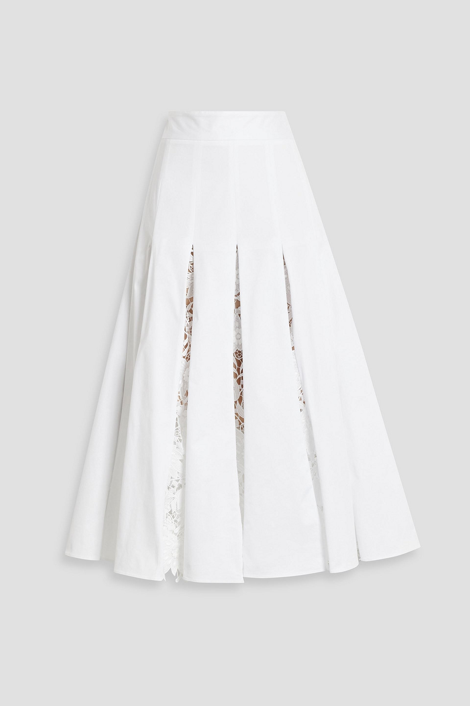 Oscar De La Renta Pleated Guipure Lace And Cotton-blend Poplin Midi Skirt In White