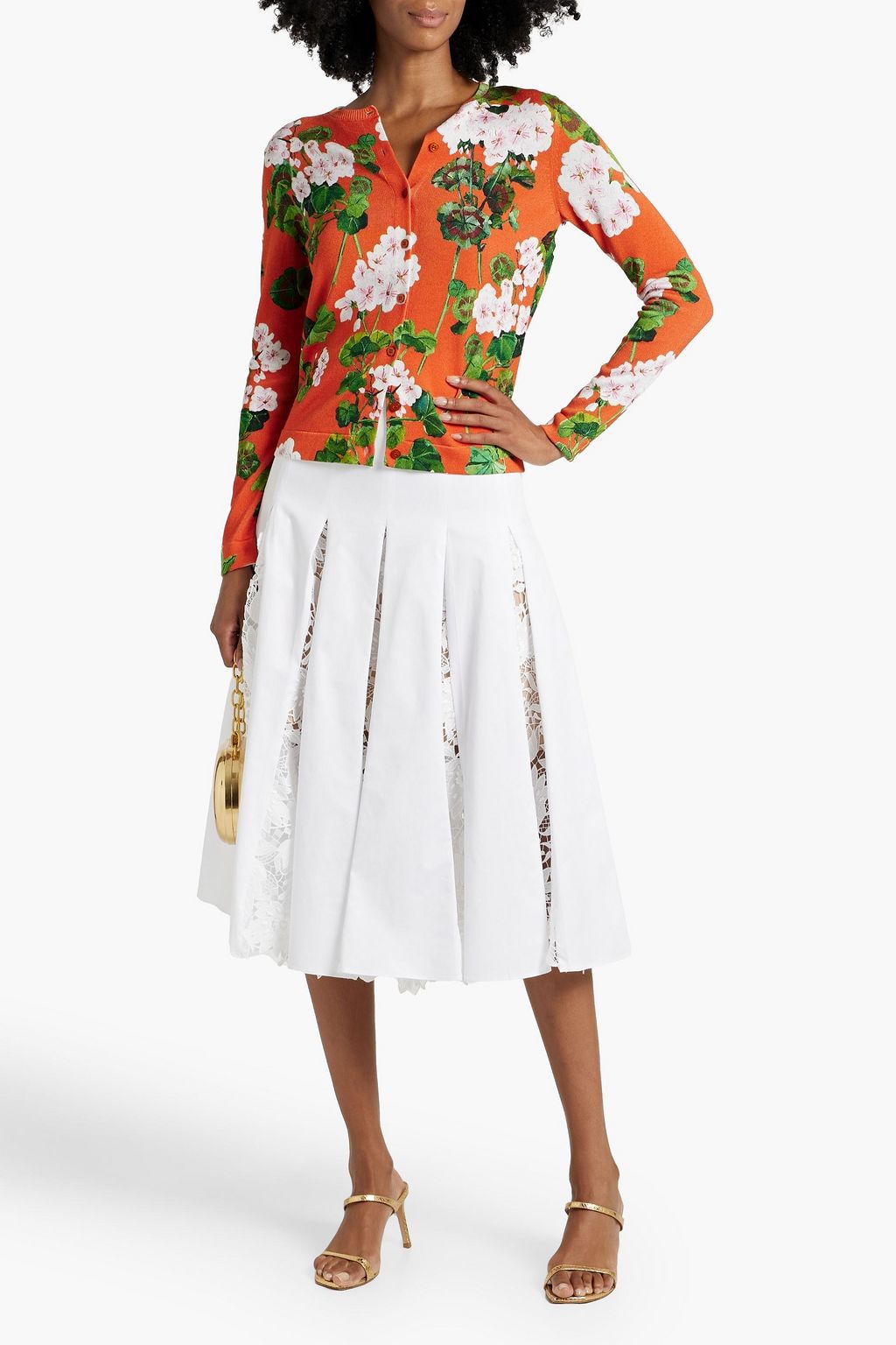 OSCAR DE LA RENTA Pleated guipure lace and cotton-blend poplin midi skirt