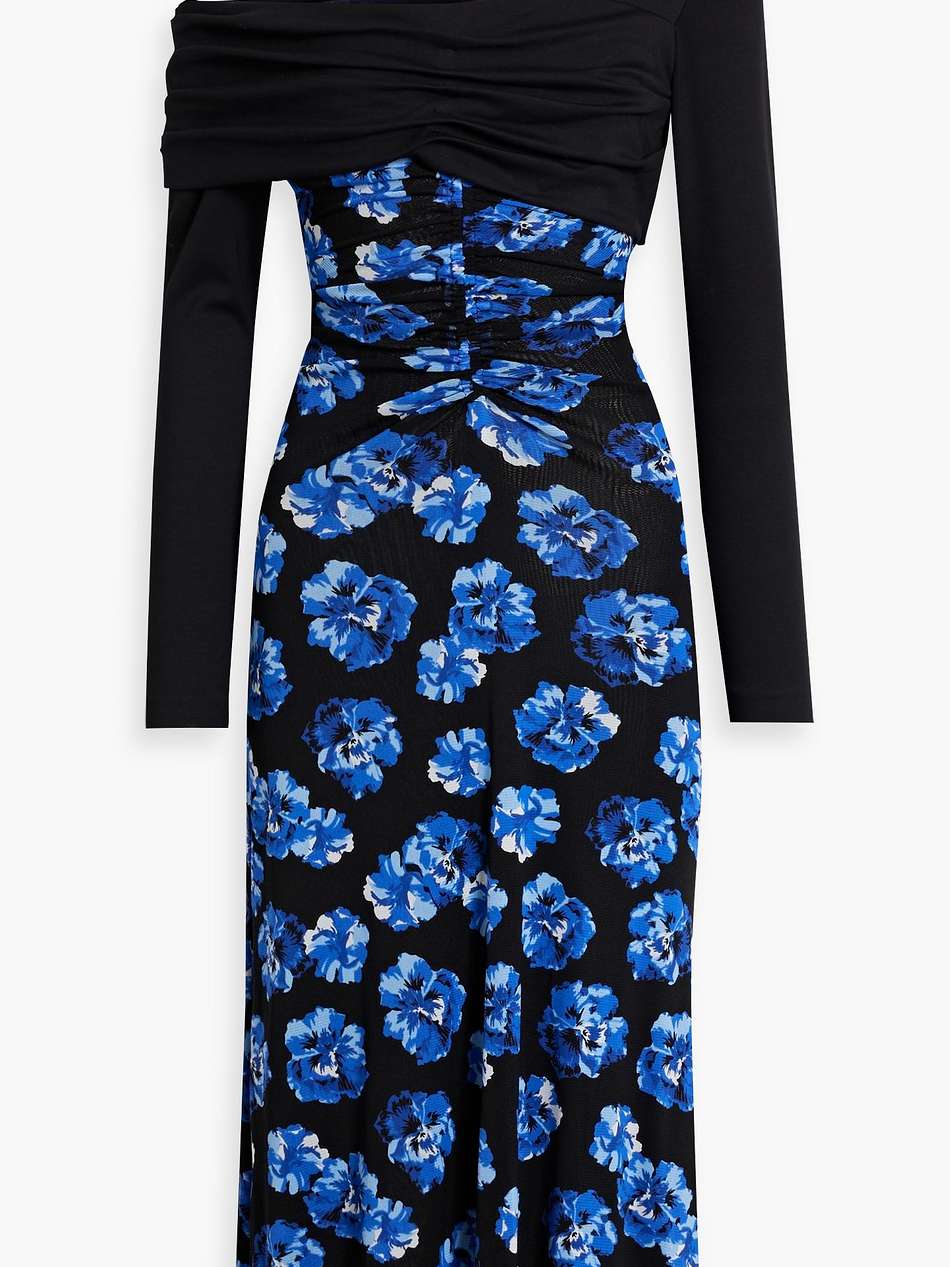 one-shoulder floral-print stretch mesh midi dress