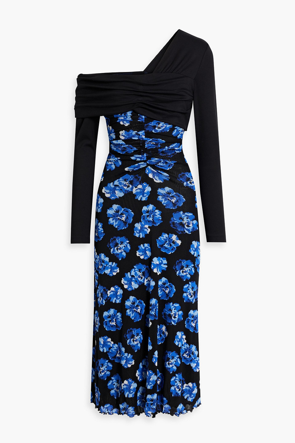 Diane Von Furstenberg One-shoulder Floral-print Stretch Mesh Midi Dress In Black