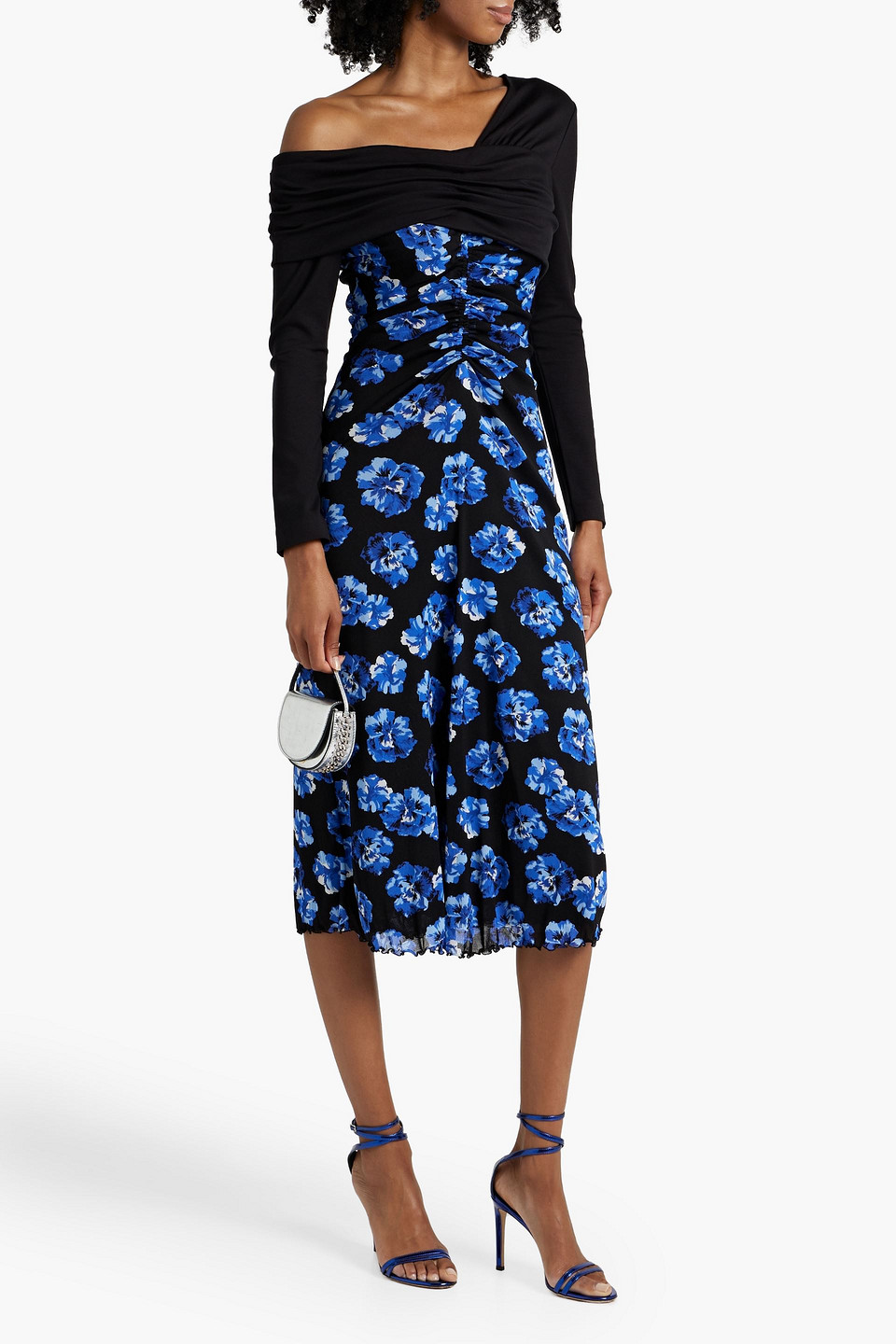 Diane Von Furstenberg One-shoulder Floral-print Stretch Mesh Midi Dress In Black