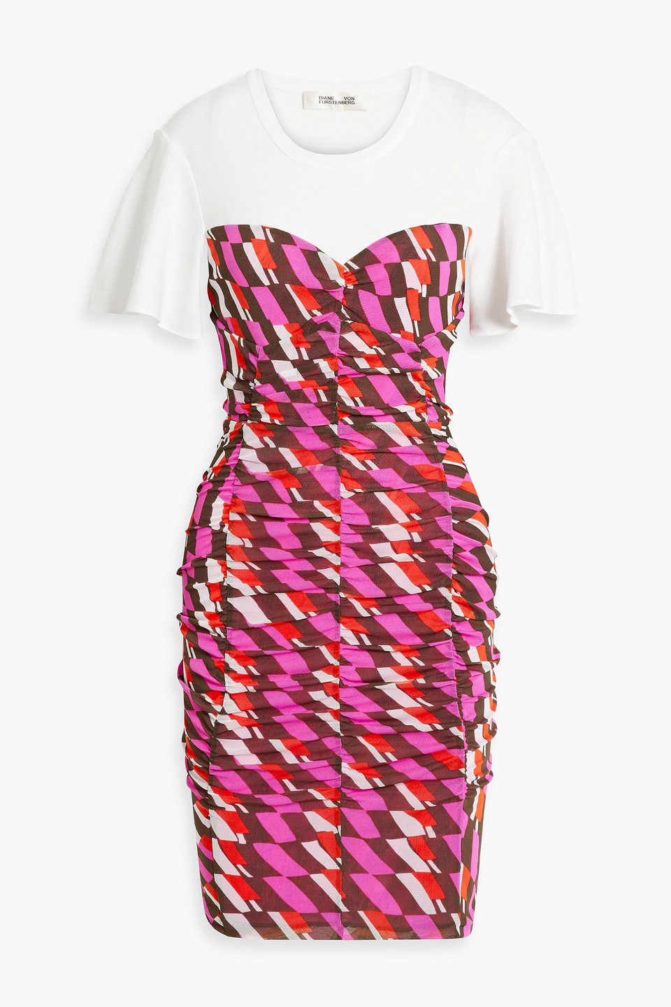 Diane Von Furstenberg Annalise Ruched Printed Stretch-mesh Mini Dress In Pink
