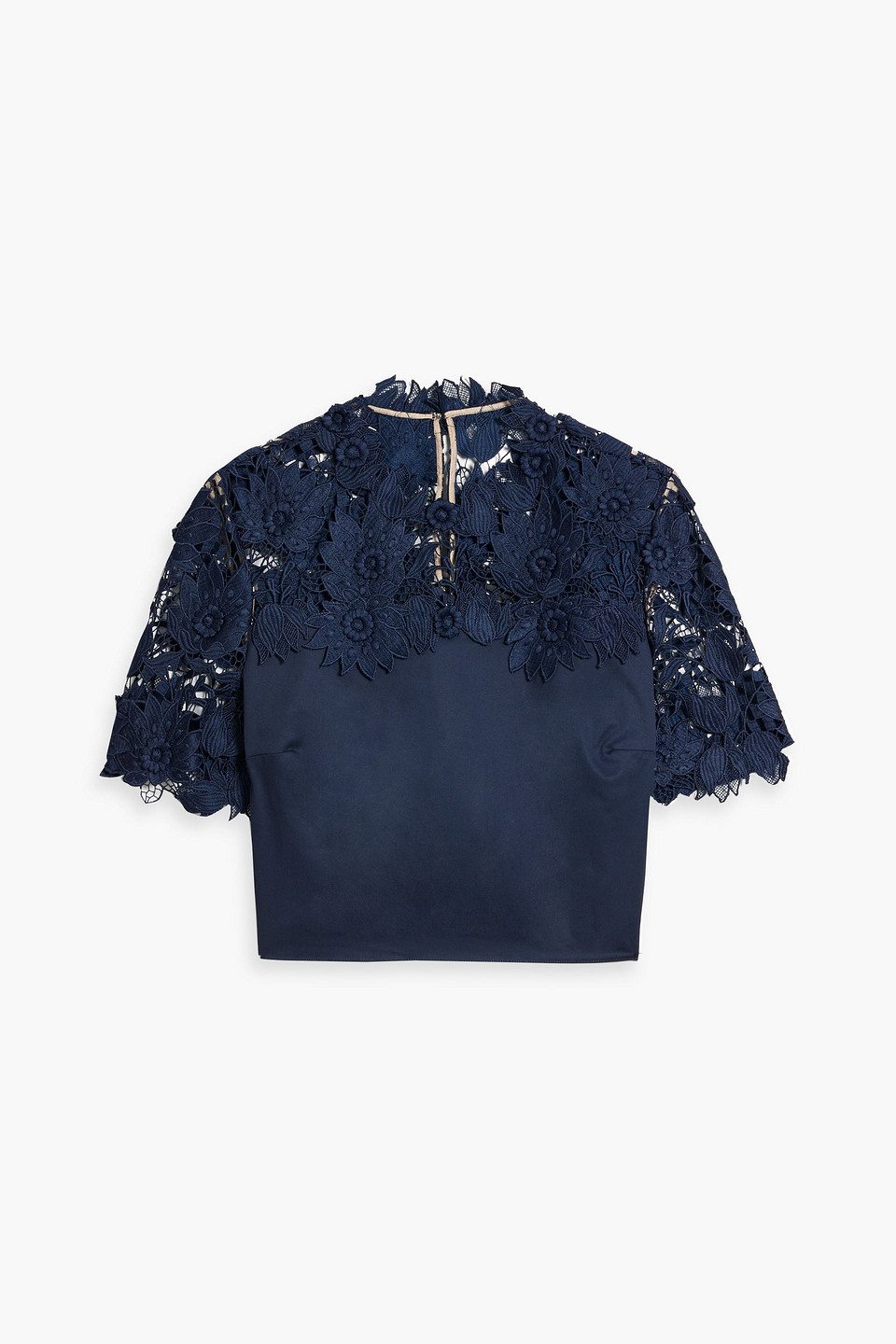 Oscar De La Renta Cropped Guipure Lace And Poplin Top In Navy