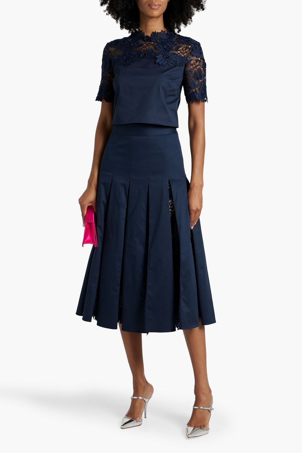 OSCAR DE LA RENTA Cropped guipure lace and poplin top