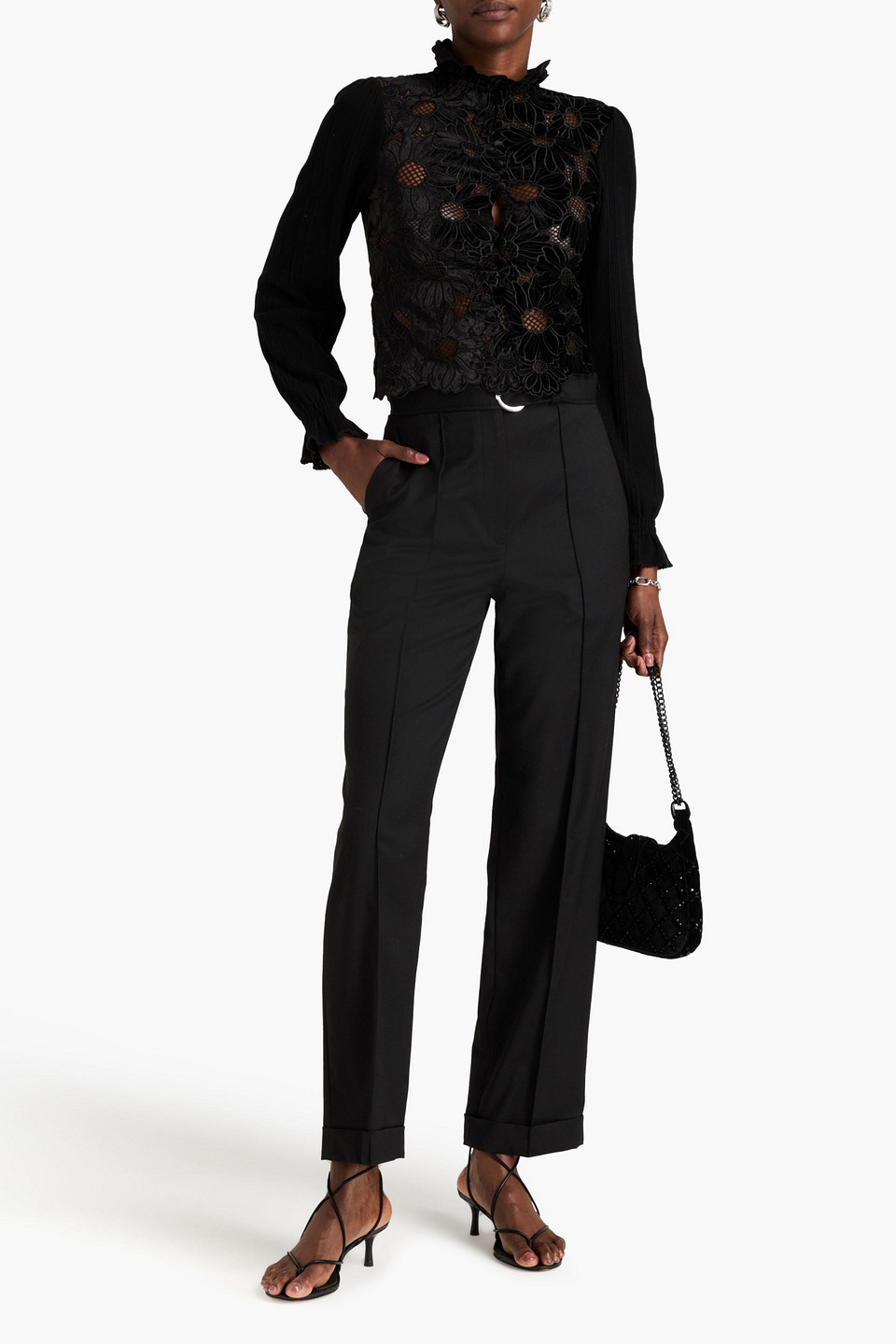 Sandro Velvet-paneled Ribbed-knit Top In Black