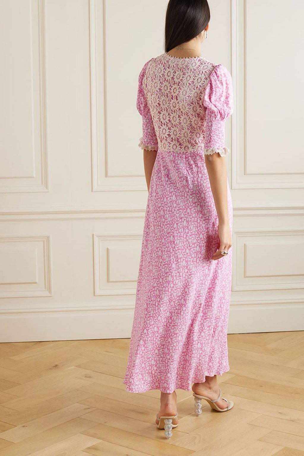 RIXO Olga printed crocheted lace-paneled crepe de chine maxi dress