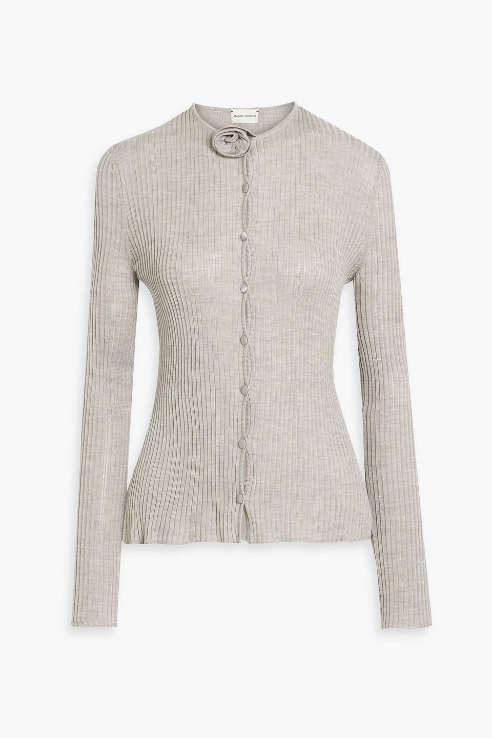 Magda Butrym Floral-appliquéd Ribbed Silk Cardigan In Gray