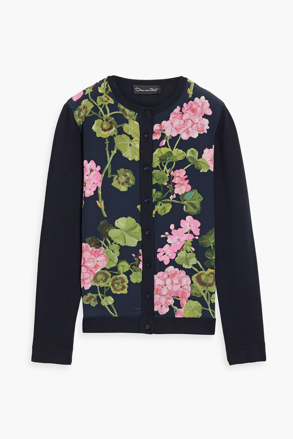 Oscar De La Renta Floral-print Crepe De Chine-paneled Silk-blend Cardigan In Midnight Blue