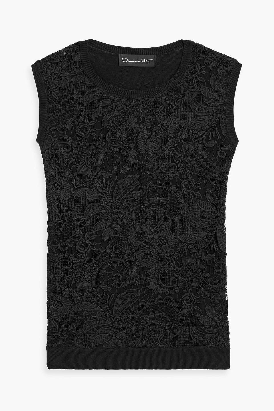 Oscar De La Renta Guipure Lace-paneled Silk-blend Top In Black