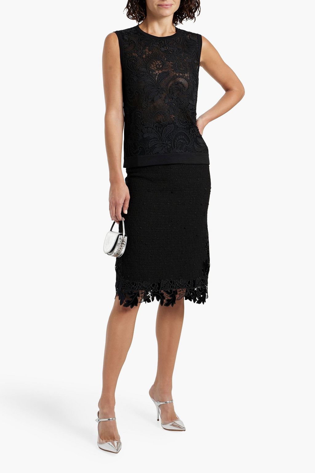 OSCAR DE LA RENTA Guipure lace-paneled silk-blend top