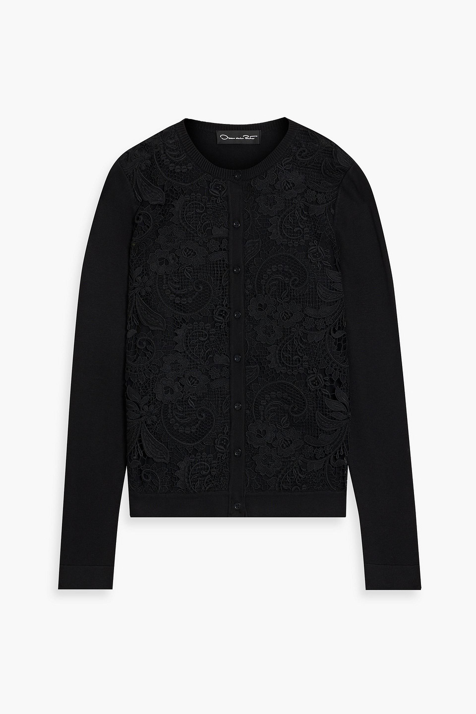 Oscar De La Renta Guipure Lace-paneled Silk-blend Cardigan In Black