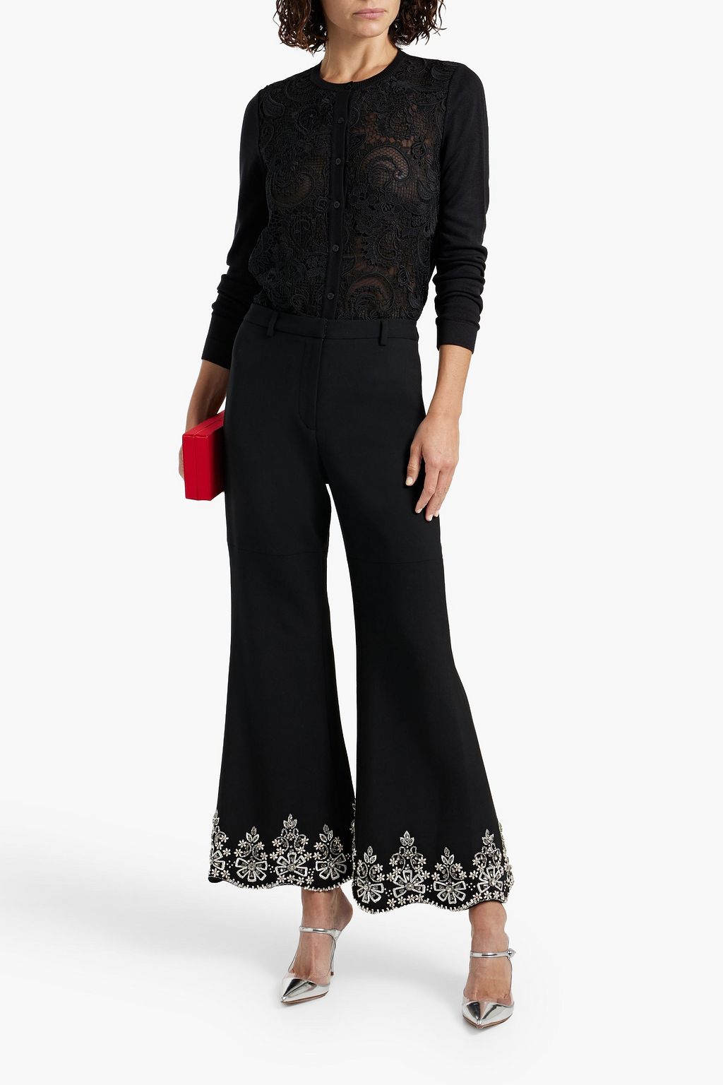 OSCAR DE LA RENTA Guipure lace-paneled silk-blend cardigan