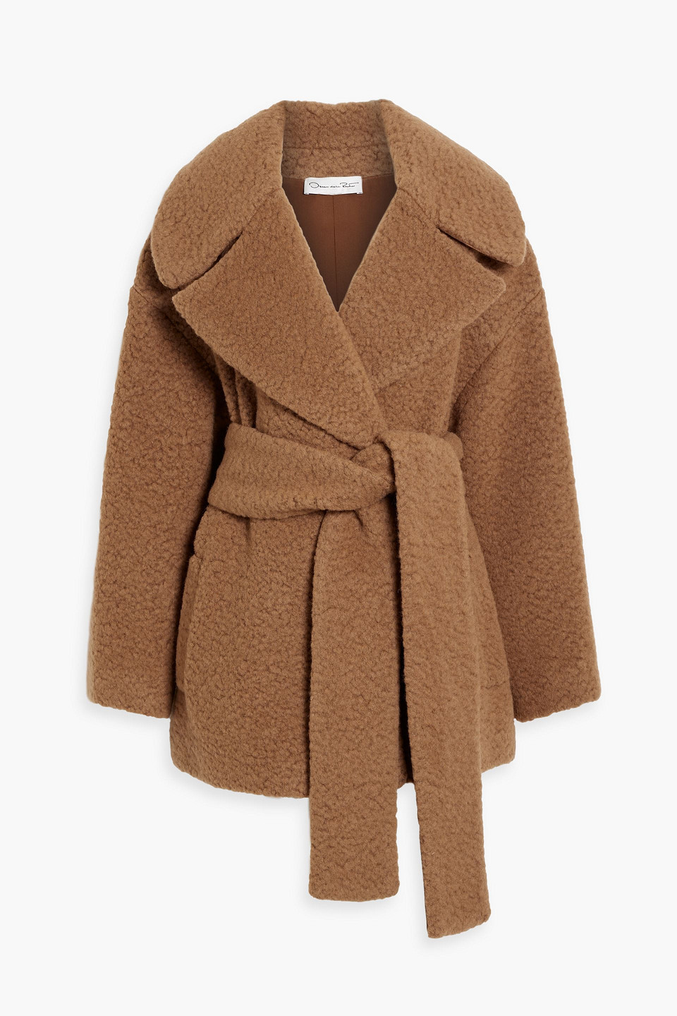 Oscar De La Renta Belted Wool-blend Bouclé Coat In Light Brown