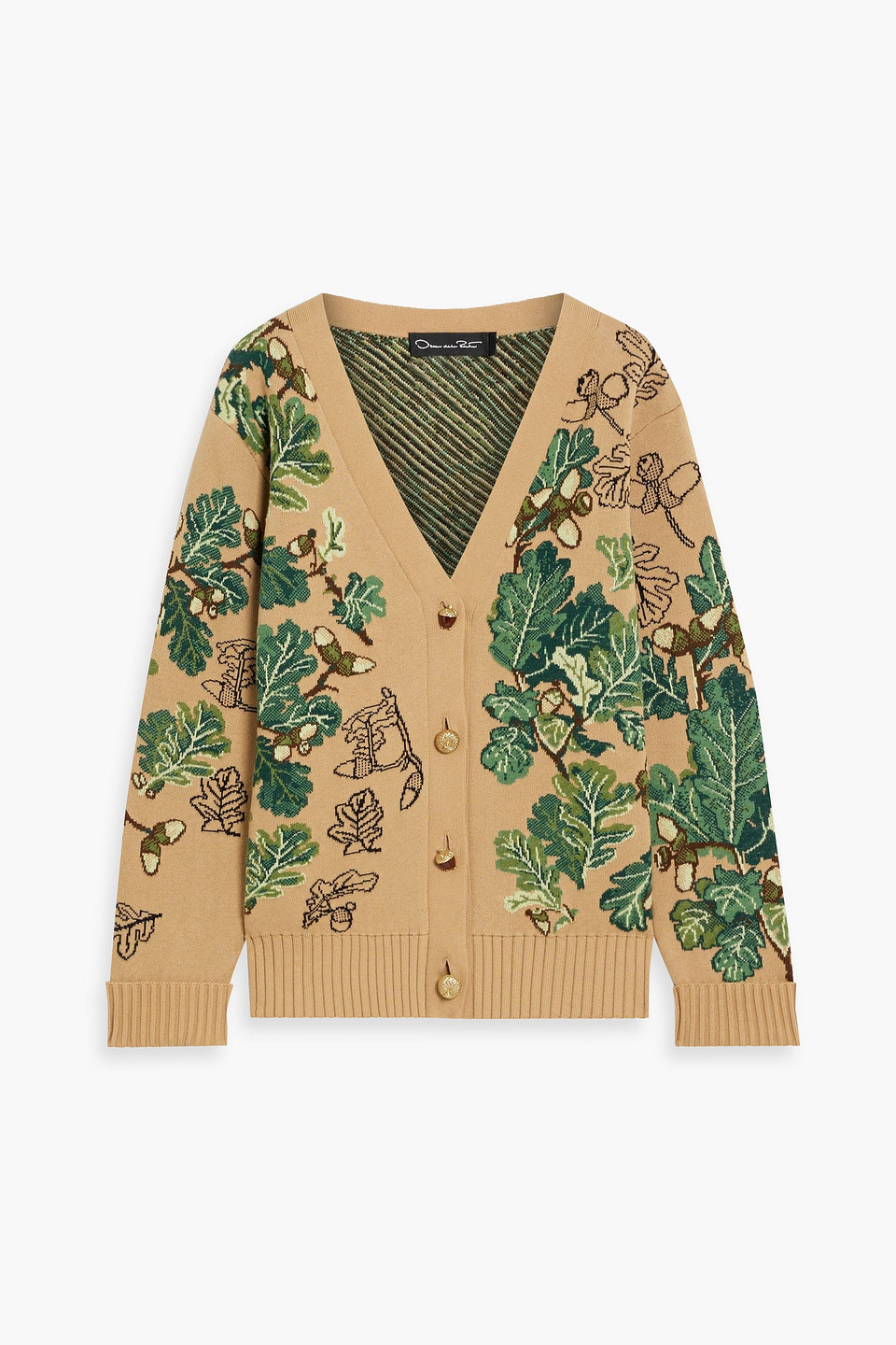 Oscar De La Renta Jacquard-knit Cotton-blend Cardigan In Sand