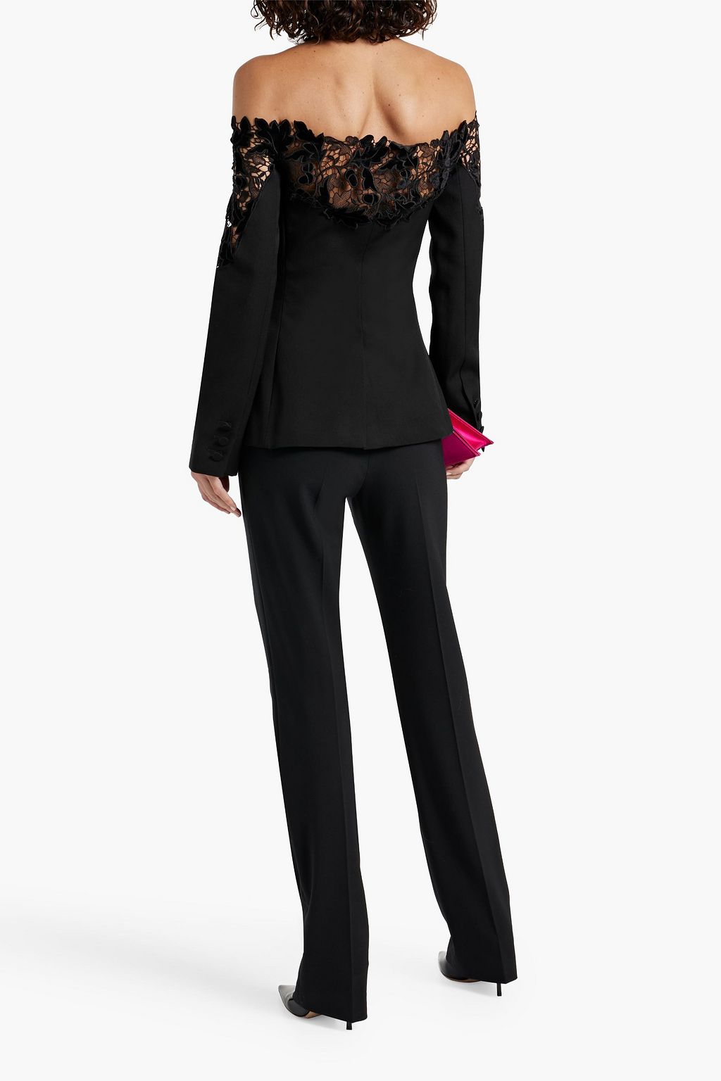 OSCAR DE LA RENTA Off-the-shoulder guipure lace-paneled wool-crepe top