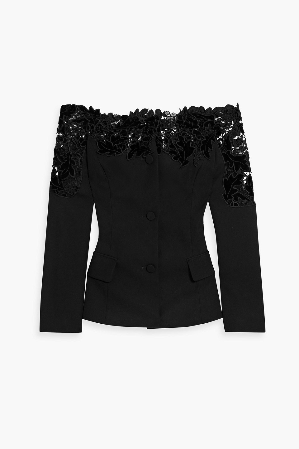 Oscar De La Renta Off-the-shoulder Guipure Lace-paneled Wool-crepe Top In Black
