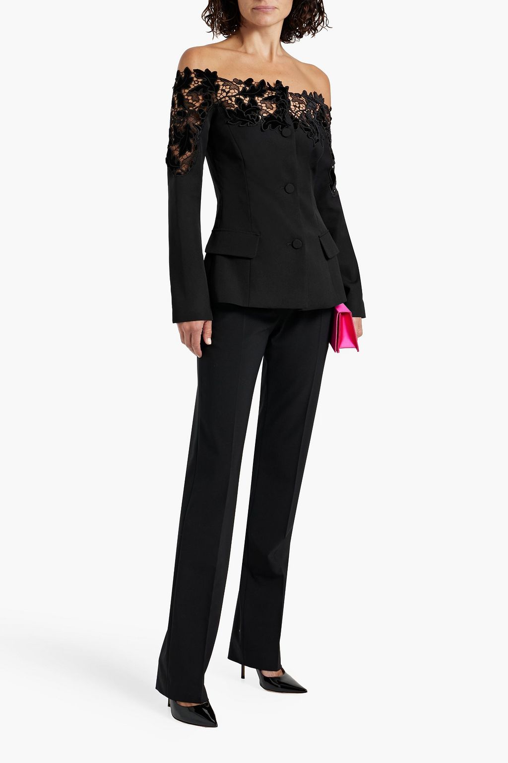 OSCAR DE LA RENTA Off-the-shoulder guipure lace-paneled wool-crepe top