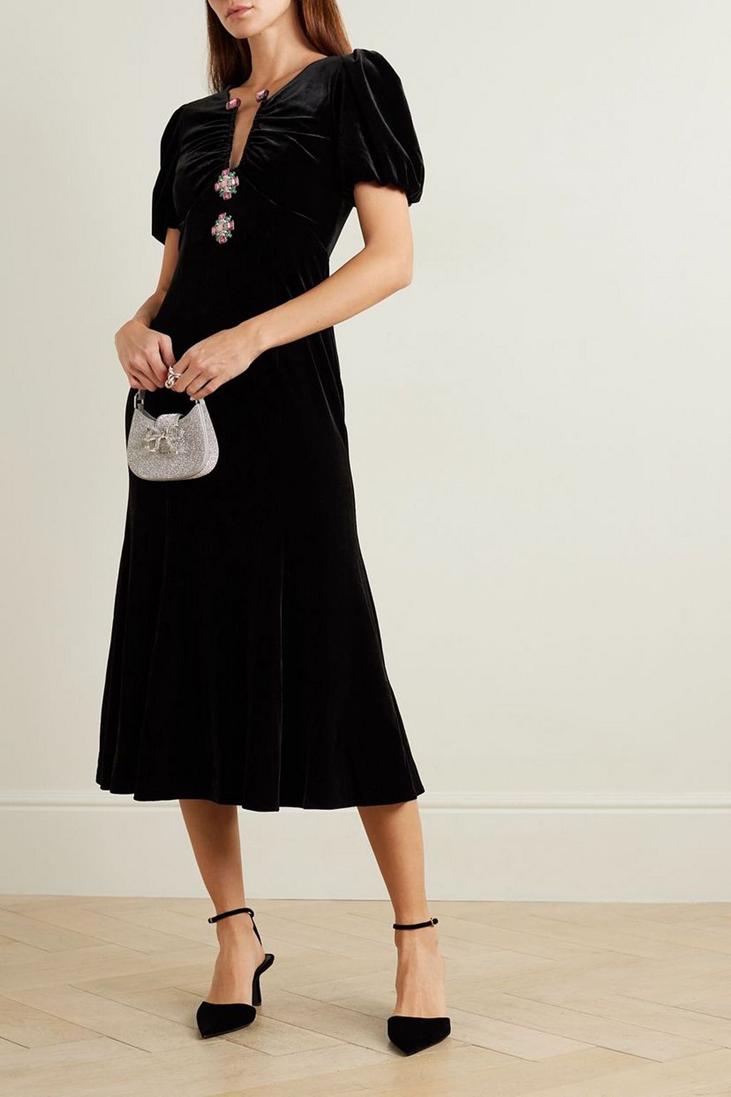SELF-PORTRAIT Crystal-embellished gathered velvet midi dress