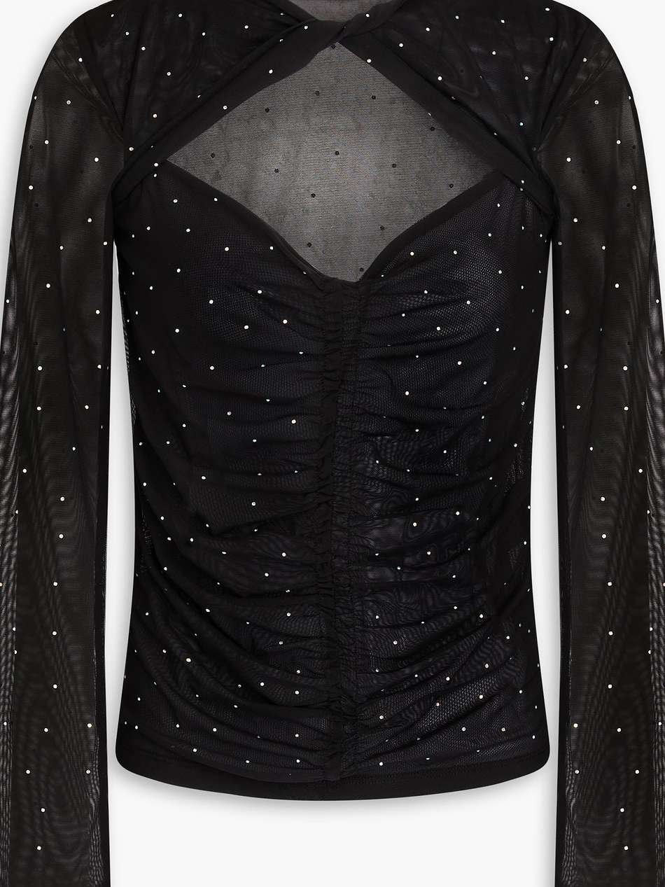 crystal-embellished ruched stretch-tulle top