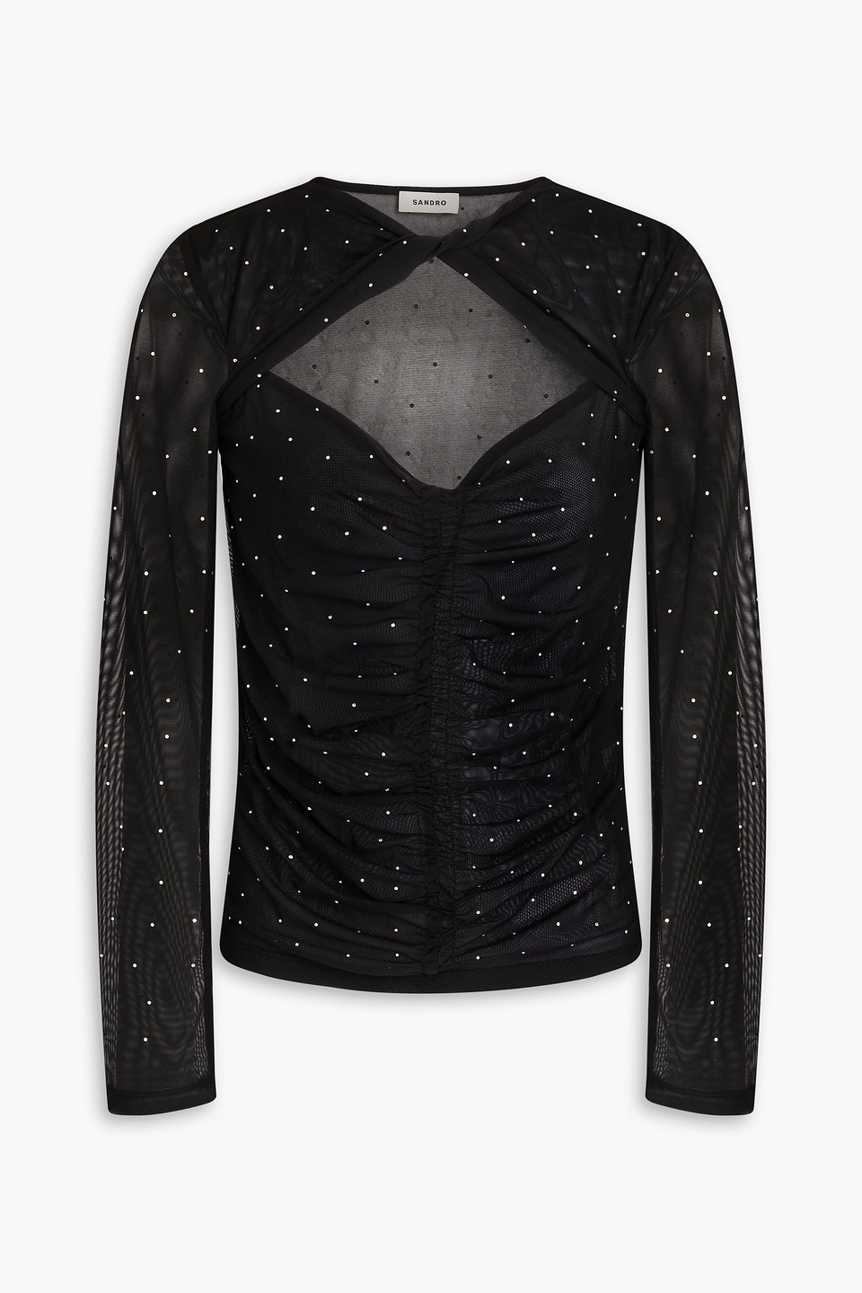 Sandro Crystal-embellished Ruched Stretch-tulle Top In Black