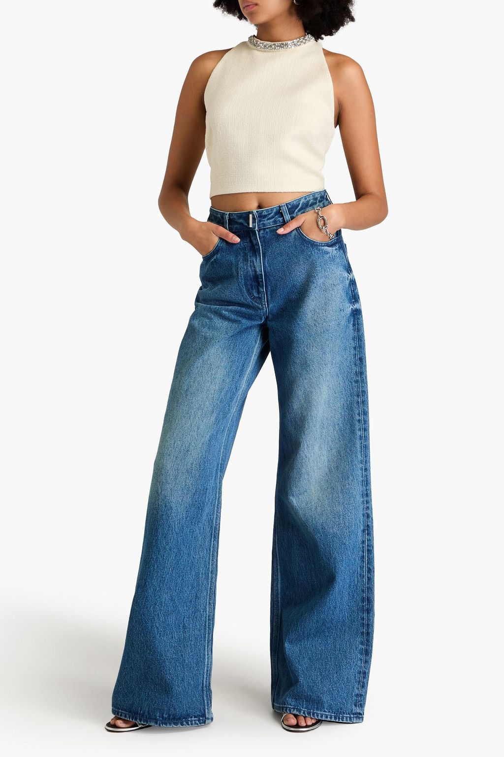 SANDRO Cropped crystal-embellished crepe top