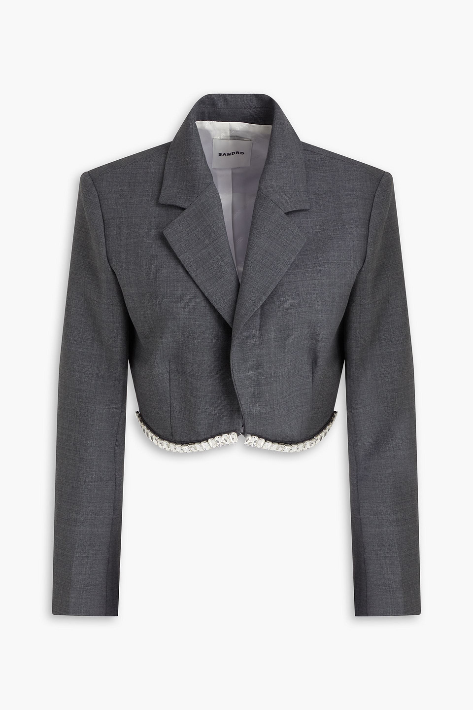 Sandro Crystal-embellished Cropped Wool-blend Twill Blazer In Black