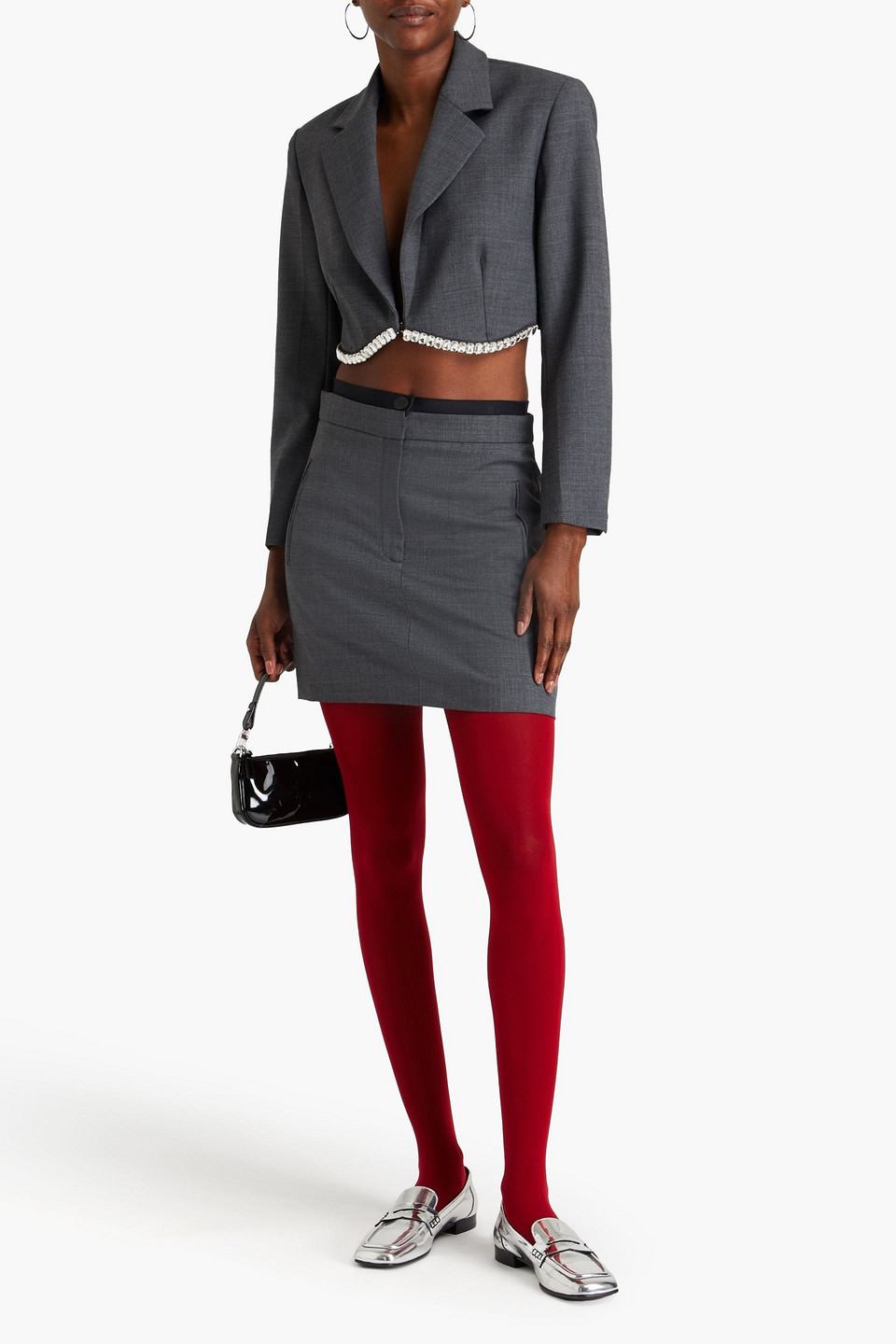 Sandro Crystal-embellished Cropped Wool-blend Twill Blazer In Anthracite