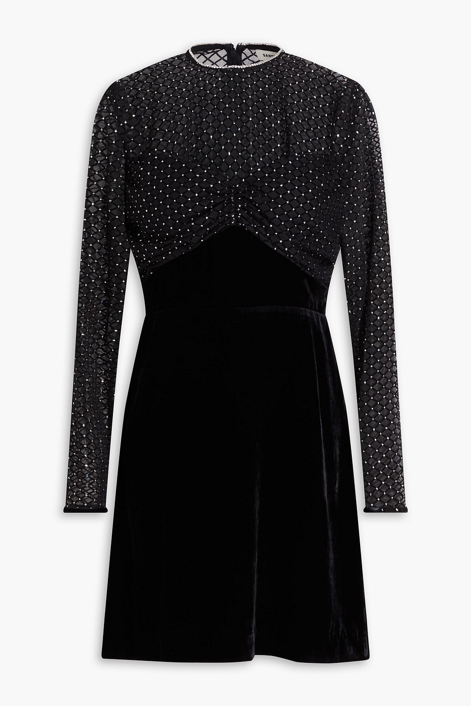 Sandro Crystal-embellished Tulle-paneled Velvet Mini Dress In Black