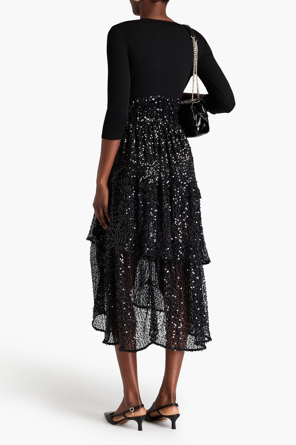MAJE SEQUINED TIERED OPEN-KNIT AND STRETCH-JERSEY MIDI DRESS