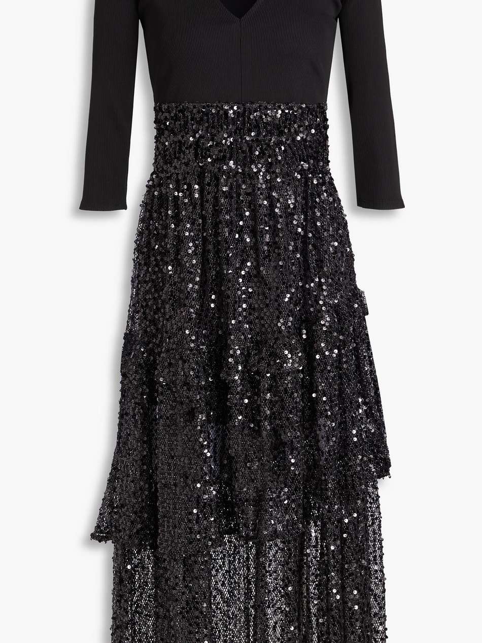 sequined tiered open-knit and stretch-jersey midi dress
