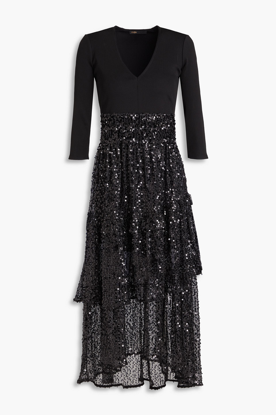 MAJE SEQUINED TIERED OPEN-KNIT AND STRETCH-JERSEY MIDI DRESS