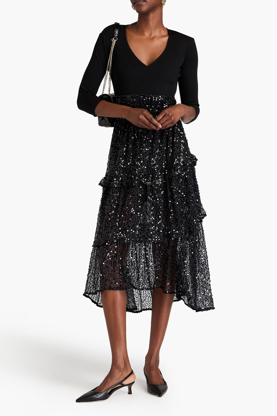 MAJE SEQUINED TIERED OPEN-KNIT AND STRETCH-JERSEY MIDI DRESS