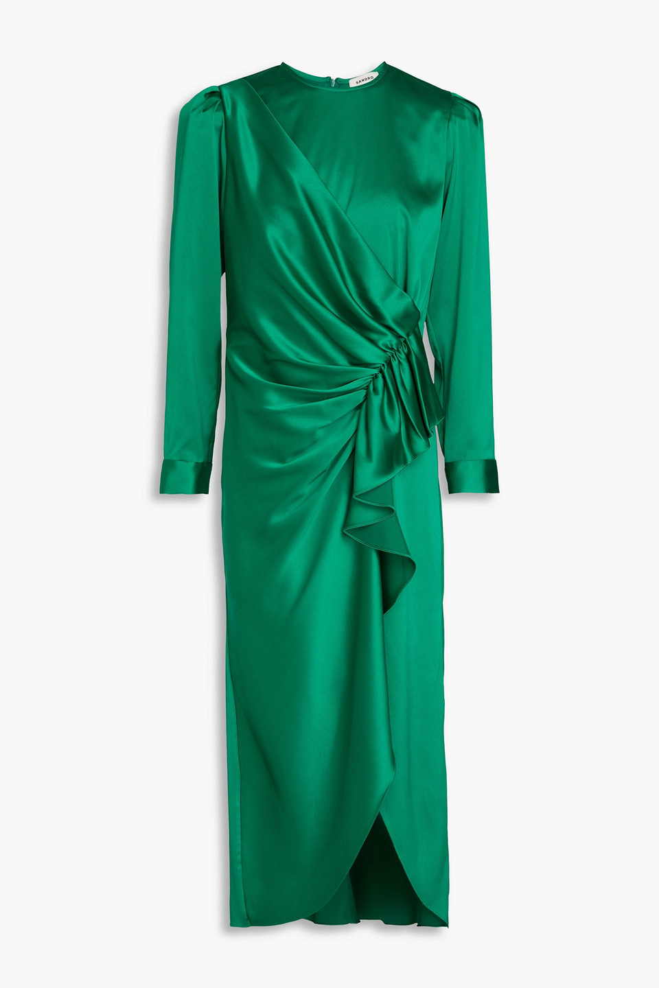 Sandro Wrap-effect Satin Midi Dress In Green