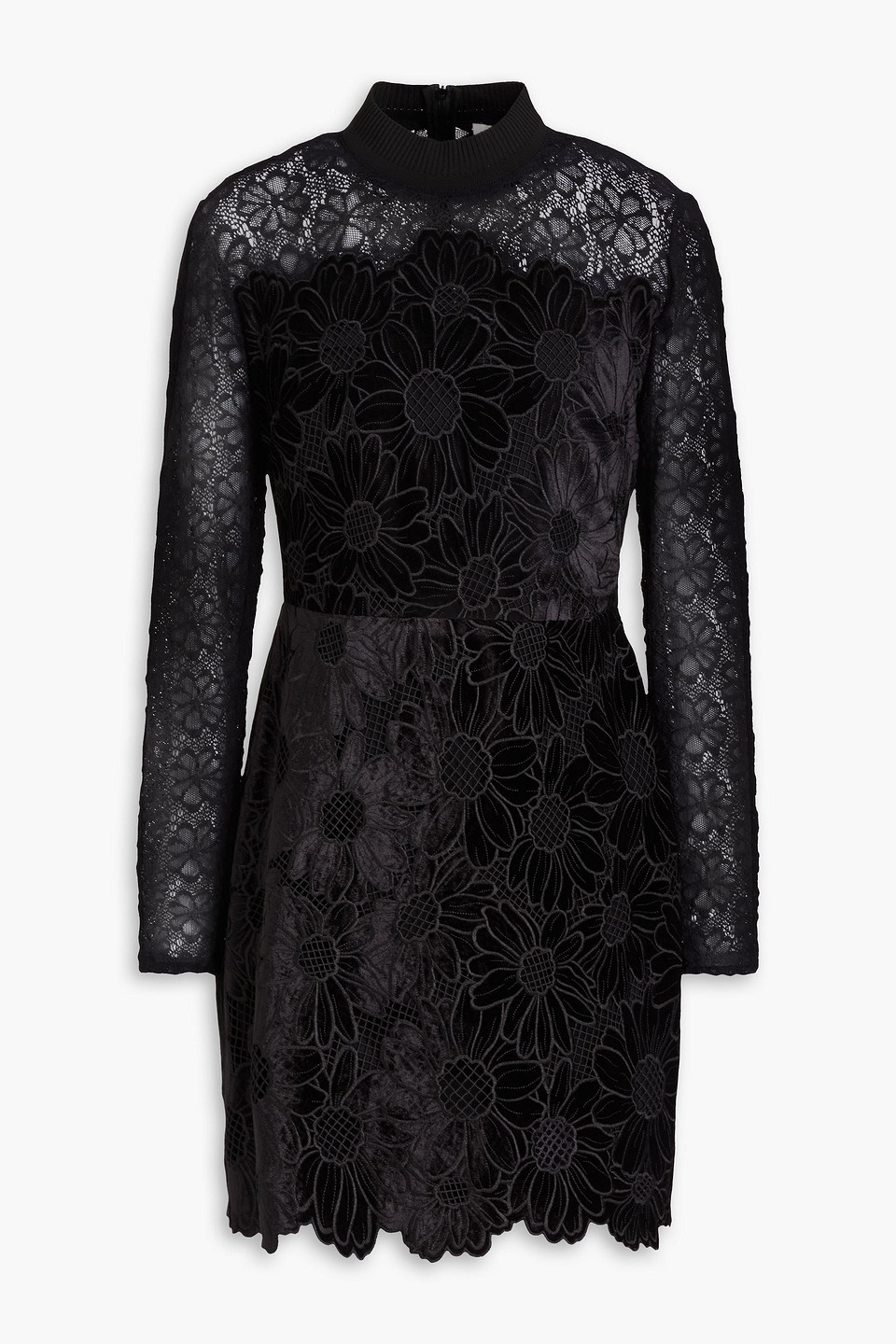 Sandro Embroidered Velvet And Guipure Lace Mini Dress In Black