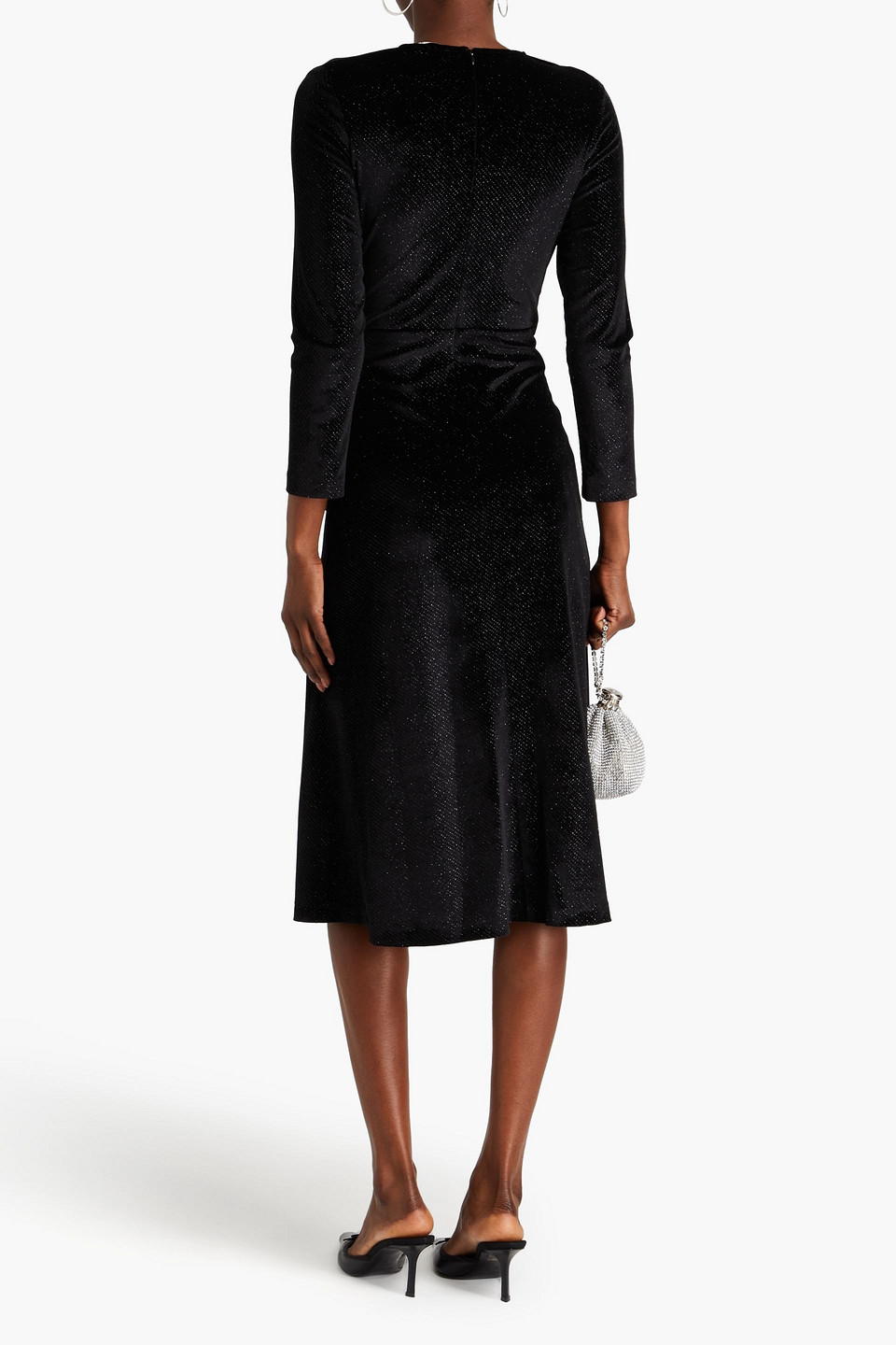 Sandro Crystal-embellished Ruched Stretch-velvet Midi Dress In Black