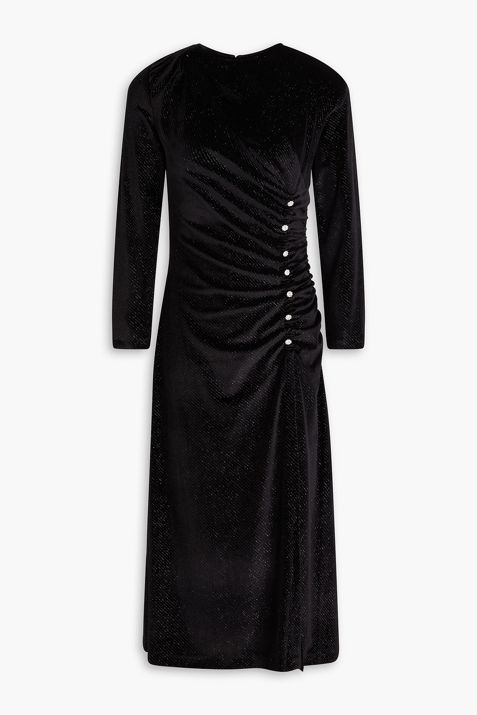 Sandro Crystal-embellished Ruched Stretch-velvet Midi Dress In Black