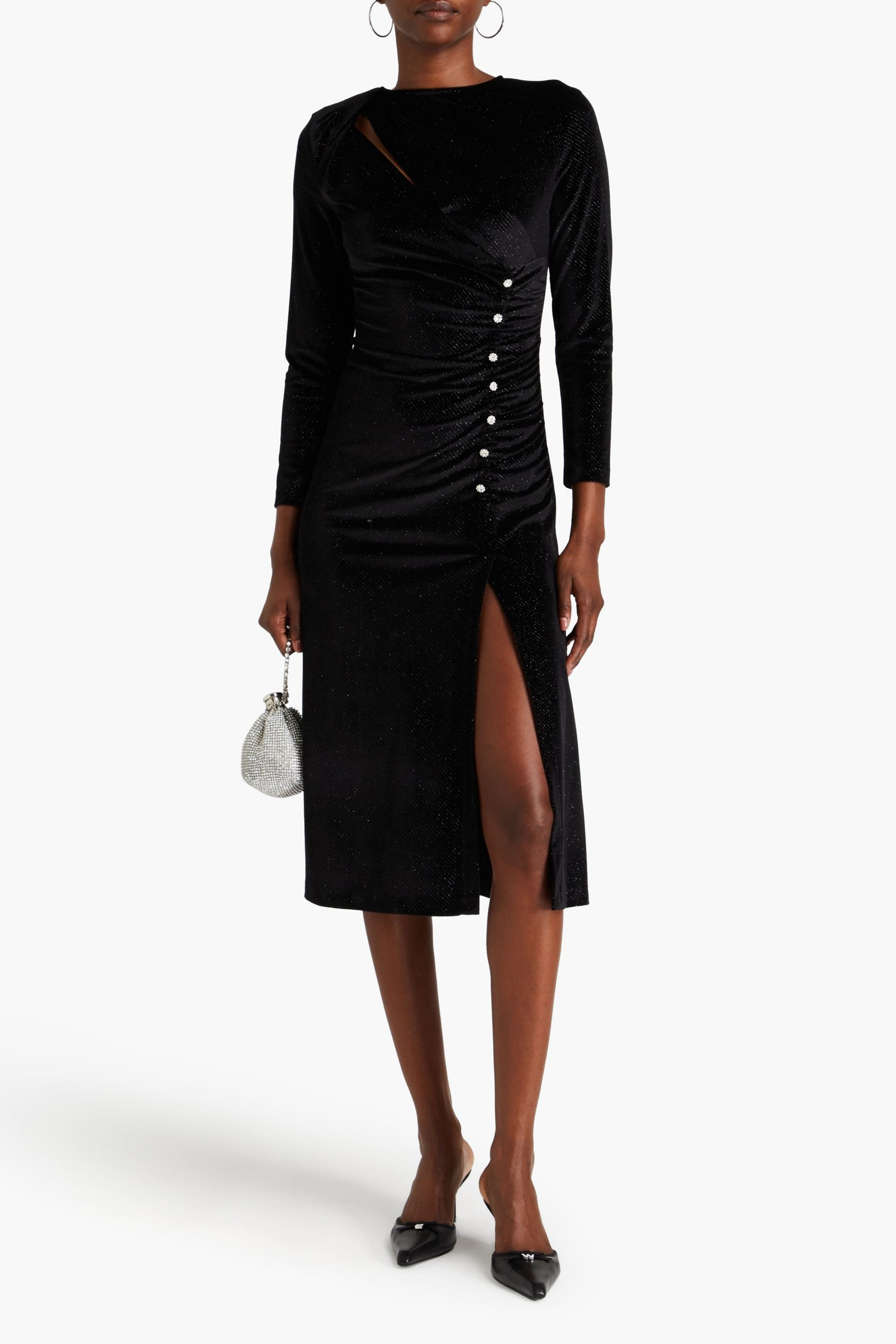 SANDRO Crystal-embellished ruched stretch-velvet midi dress