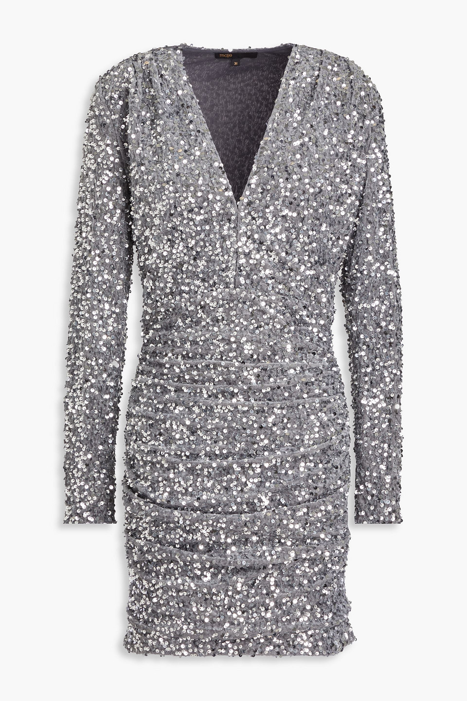 Maje Ruched Sequined Velvet Mini Dress In Gray