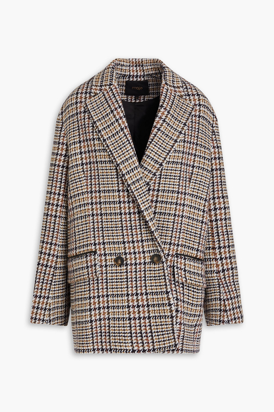 Maje Double-breasted Checked Wool-blend Blazer In Brown
