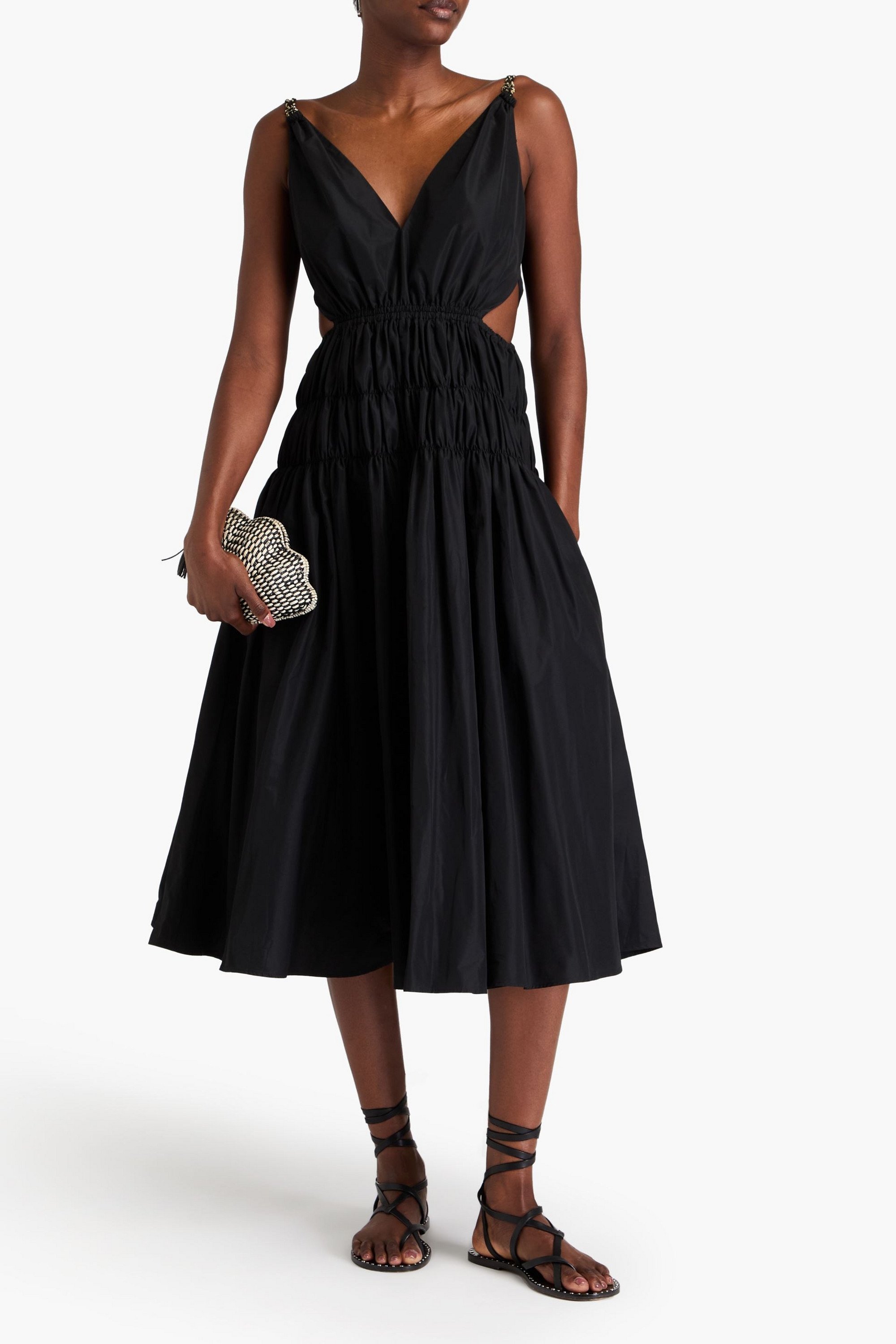 MAJE Cutout shirred taffeta midi dress