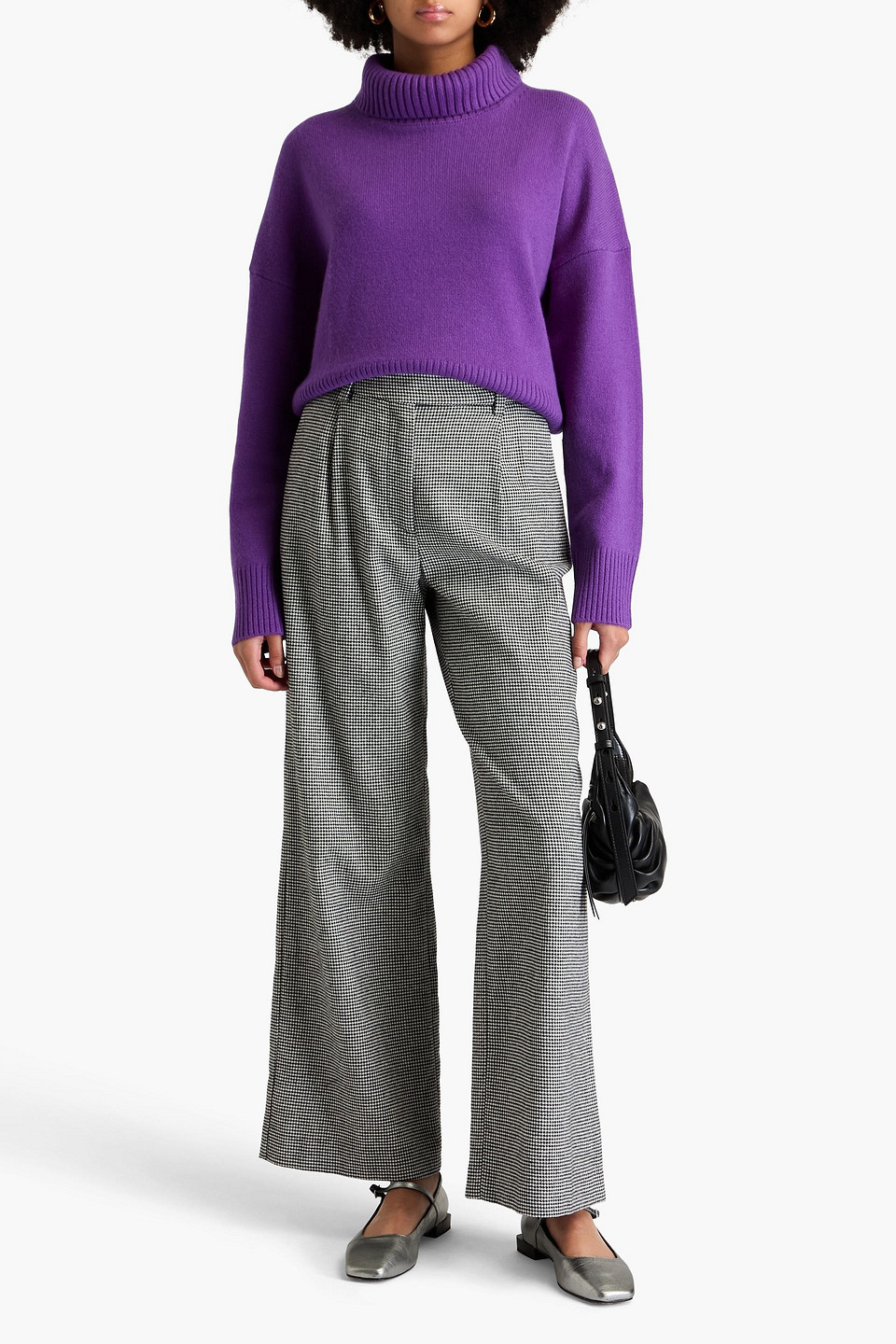 Maje Pleated Houndstooth Wide-leg Pants In Black